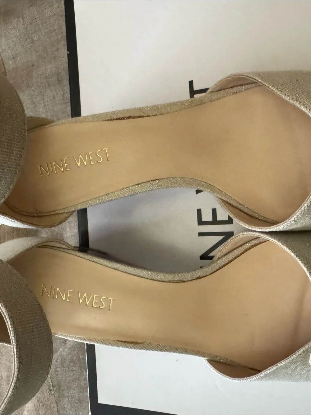 Nine West Beige Linen Ankle-Strap Heels